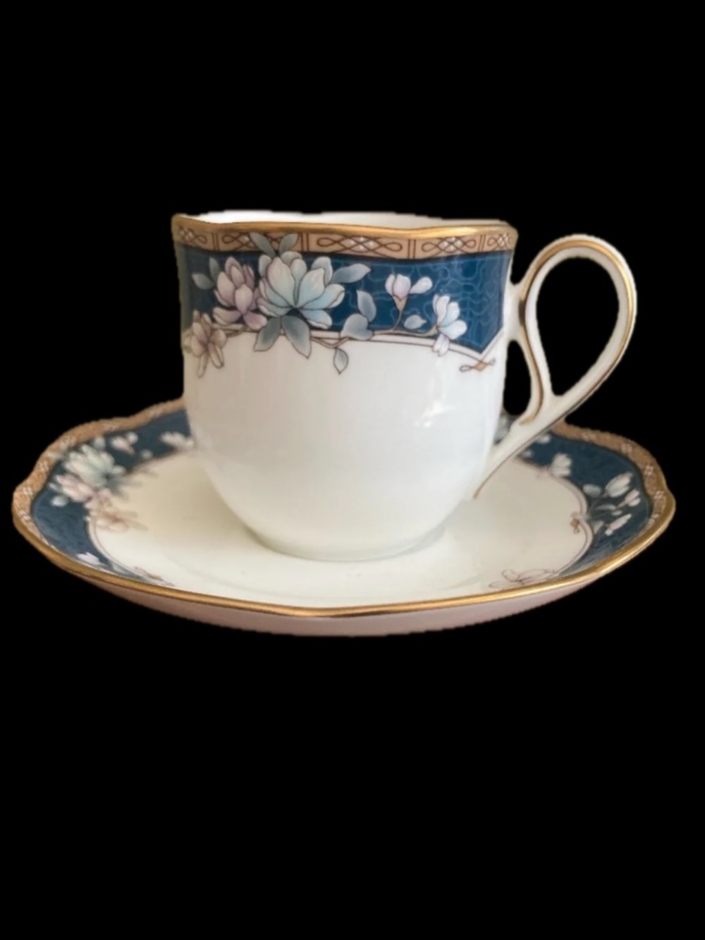Noritake Sandhurst 9742 Bone China Cup & Saucer Blue Floral Gold Trim Japan